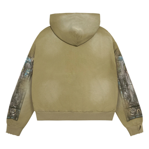 Men's Oversized Khaki Distressed Zip Up Hoodie Stud with Rhinestones Stained Glass Sleeve High Street Casual Vintage Sweatshirt - Product Image 2