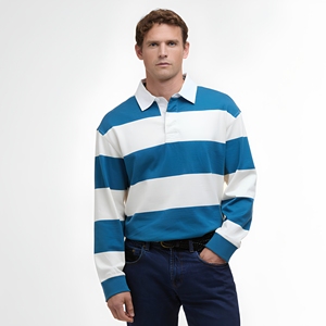 Chemise de rugby à manches longues pour homme, rayée, bleu et blanc, col boutonné, manches longues, tissée, pour l'été - Product Image 1