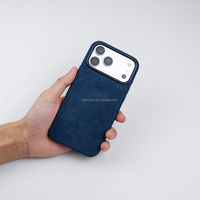 Étui de téléphone de luxe en cuir véritable Alcantara bleu avec aimant puissant pour iPhone 17 18 Pro Max