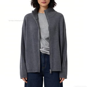 Cardigan zippé côtelé oversize pour femme, col montant, coupe ample, style décontracté, tendance - Product Image 3