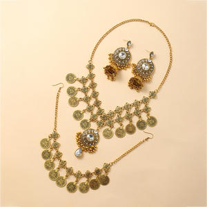 YL Ensemble de bijoux en alliage serti de diamants, style bohème vintage, avec boucles d'oreilles et collier à pendentif perlé, style européen-américain exagéré - Product Image 4