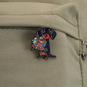 Broches de esmalte de dibujos animados de Dachshund lindos con gafas de sol, ramo de flores y sombrero de vaquero, joyería al por mayor - Product Image 3