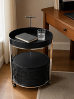 Table d'appoint ronde en cuir caramel tressé avec rangement et structure en acier inoxydable, vente directe usine, OEM ODM