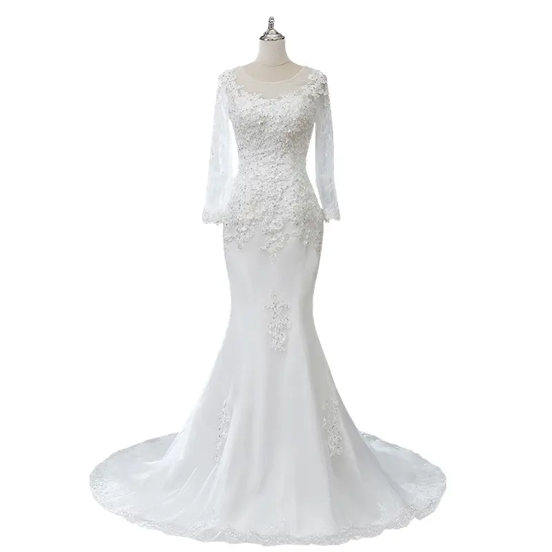 2022 Luxury Vintage Lace Design Applique Long Sleeve Mid Waist Dress White Bridal Mermaid Wedding Dress