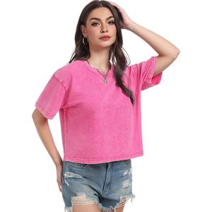 Camiseta Corta para Mujer, Estilo Acid Wash, Manga Corta, Cuello Redondo, Básica, Holgada, Veraniega, 100% Algodón Jersey, Transpirable - Product Image 6