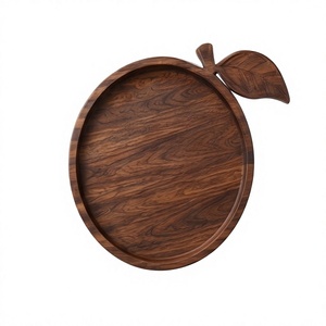 Plateau de service rond en bois de manguier teinté noyer, plateau décoratif en bois avec poignée en forme de fruit et bord surélevé - Product Image 1