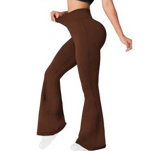 High Waisted Flared Yoga <b>Pants</b> Full Length Fitted <b>Spandex</b>/Nylon Solid Color Elastic Waist Seamless Design Ruched Butt Fitness - Product Image 1