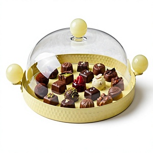 New Arrival Pastel Yellow Round Hammered Metal Serving <b>Tray</b> Clear <b>Glass</b> Dome Lid Acrylic Cloche Cake Stand Ball Handles - Product Image 1