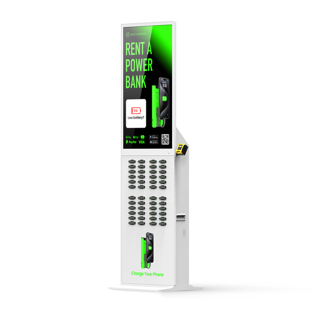 Airport 48 Slots Big Size LCD Advertising Screen Floor Standing Cell Phone Portable Power Bank UV Charging Station Kiosk