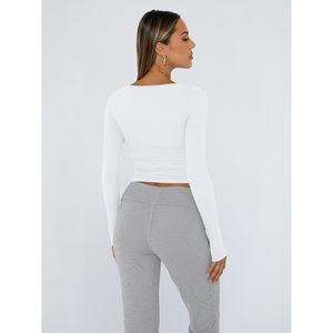 Haut à manches longues pour femme, col carré, double doublure, coupe ajustée, style Y2K, t-shirt basique en tissu tricoté élastique, pour tous les jours - Product Image 5