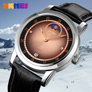 Skmei Men's Moon Phase Quartz Watch With Leather Strap Analog Calendar 30M Waterproof Stainless Steel Buckle 9300 - Product Image 1