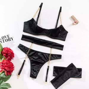 Hot Selling Black Steel Ring Gathered Breathable Mesh Leg Ring Panties Women Sexy Underwear Four-piece Suit - Product Image 1