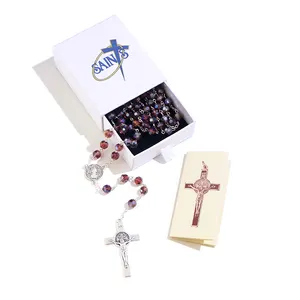 2023 XIMAI Großhandel Christian Purple Crystal Beads Rosenkranz Kruzifix Anhänger Gebets kette mit benutzer definierten Logo-Box