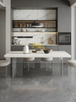 Table à manger en dalle de roche blanche avec bordure de 5 cm, pieds en acrylique transparent, style moderne minimaliste, ensemble de 2 pièces, mobilier de bureau réglable