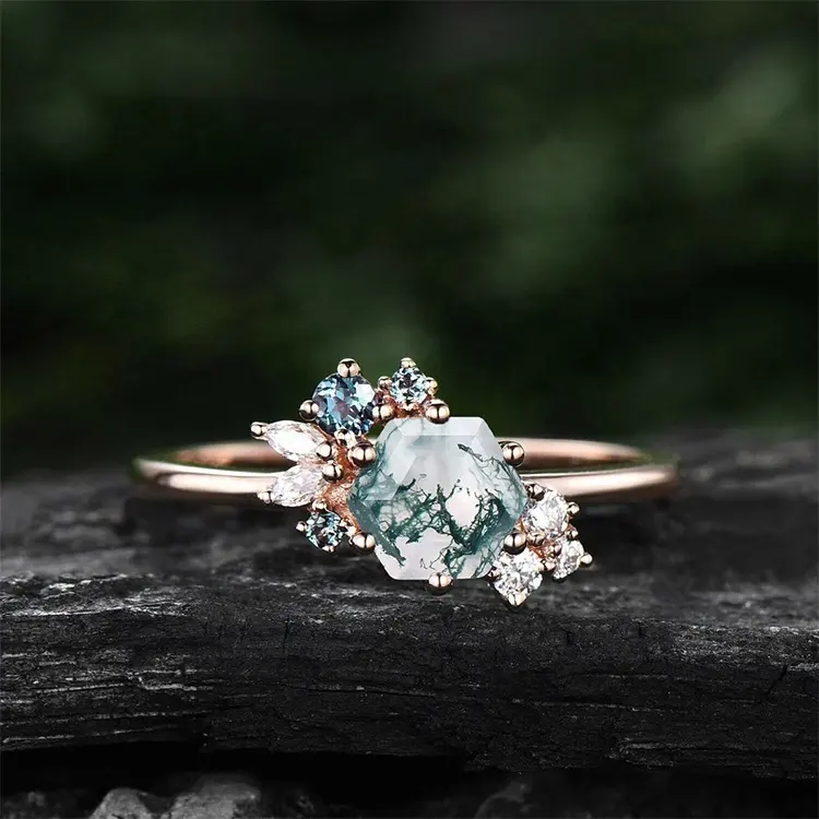 Natural Dainty Ring Green Moss Agate Rings for Women 925 Sterling Silver Gemstone Hexagon Moss Agate Engagement Fine Jewelry