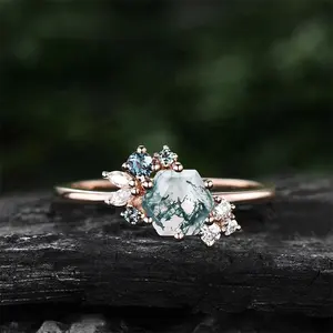 Anel margarida natural de prata, anéis verdes de agate para mulheres, prata esterlina 925, hexágono, musgo, joia fina de noivado