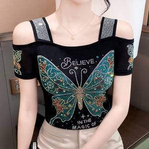 <span class=keywords><strong>Camiseta</strong></span> de Fiesta Personalizada para Mujer, con Lentejuelas <span class=keywords><strong>Brillantes</strong></span> y Pedrería de Mariposa, Sexy, con Hombros Descubiertos, Manga Corta, para Discoteca - Product Image 3