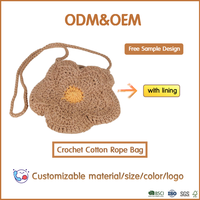 Sac d'été pour plage Sac à main en coton crocheté tissé à la main Sac à bandoulière en paille en forme de fleur pour femmes