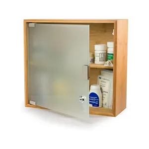 Armoire à pharmacie murale à 2 niveaux en bambou et verre avec serrure pour salle de bain ou usage domestique - Product Image 2