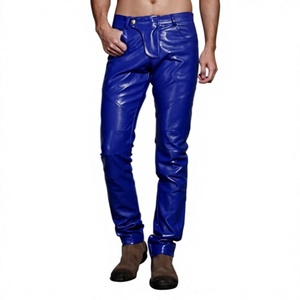 Pantalones de moto casuales de invierno para hombre, azul real, con revestimiento de cuero, corte recto, cierre de cremallera, cintura media, bolsillos, tejido ligero de punto - Product Image 1