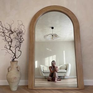 <span class=keywords><strong>Espejo</strong></span> Decorativo Moderno Personalizado para el Hogar, <span class=keywords><strong>Espejo</strong></span> de Pie con Marco de Madera Natural para Sala de Estar, <span class=keywords><strong>Espejo</strong></span> Arqueado para Dormitorio, Espejos de Vestir - Product Image 2