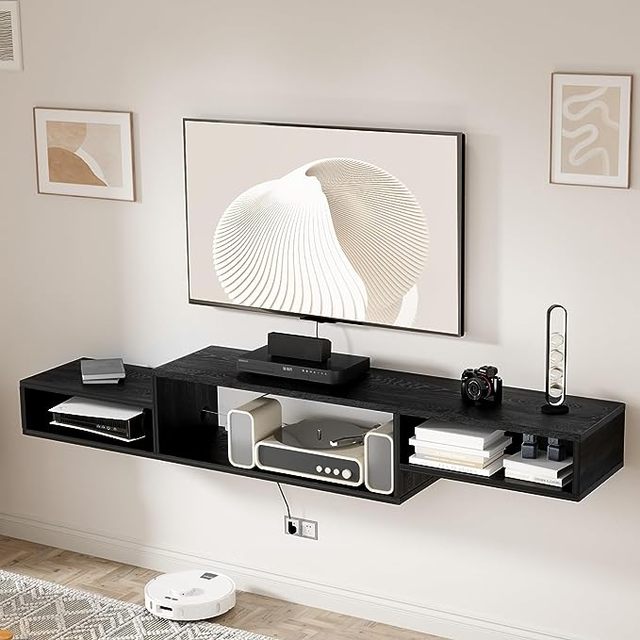 Floating TV Stand Wall Mounted with Power Outlet for Living Room Bedroom Office