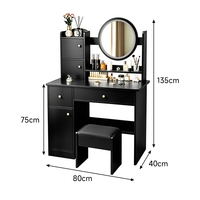 Table de toilette de luxe de style château italien, finition bois doré vieilli, avec miroir et pouf assorti