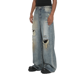 Chaqueta de chándal de diseñador para hombre, pantalón jogger de mezclilla ajustado para hombre, con agujeros rotos, estampado de grafiti, estilo vintage, recto, con patchwork de leopardo, 100% - Product Image 2