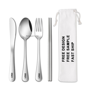 Ensemble de couverts de voyage en acier inoxydable réutilisables avec pochette, cuillère, fourchette et baguettes personnalisables pour pique-nique et camping - Product Image 1