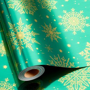 Burymento Christmas Wrapping <b>Paper</b> Green Gold Foil Snowflake 17 In X 32.8 Ft <b>Roll</b> Gift Craft Recyclable - Product Image 1