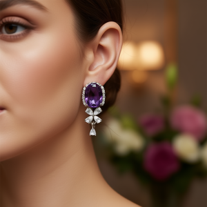 Orecchini pendenti viola Maegestic con gemma ovale e design floreale in cristallo taglio pera per gioielli da festa da donna - Product Image 2