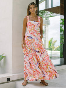 Robe longue d'été sans bretelles avec imprimé et laçage, coupe trapèze respirante pour les occasions festives - Product Image 6