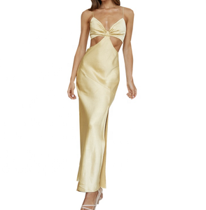 Seksi Cut Out yüksek yarık balo kıyafetleri parti uzun saten gece elbisesi - Product Image 3