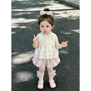 Girls Clothing Set Sleeveless Top With Lace Pink Shorts Cotton Two Piece Summer Outfit For Toddlers - Product Image 1