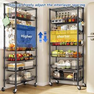 מדפי תיל 7 קומות עם גלגלים, מדף סל מתכוונן, מדפי אחסון עם ווים לארון, חדר כביסה, ארגון - Product Image 4