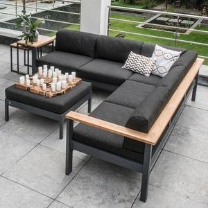 Modern Outdoor L-Shaped Garden <b>Sofa</b> Set With <b>Wooden</b> <b>Frame</b> And Dark Blue Cushions Waterproof Contemporary Design - Product Image 4
