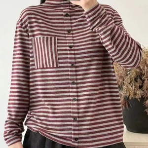 Striped Long Sleeve Button Down Top Women Autumn Winter Loose Fit Knit Shirt Red Black Navy Blue DF B47 - Product Image 1