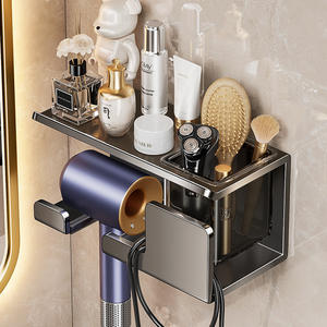 Soporte de Pared para Secador de Pelo, Color Gris Metálico, con Estante de Almacenamiento para Baño, Rectangular, Duradero, de 8-11.9 Pulgadas de Profundidad, en Ratán Azul - Product Image 1