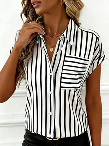Nueva Camisa a Rayas de Verano para Mujer, Diseño con Botones y Hombros Caídos, con Bolsillo, Blusa Informal para el Día a Día, para Mujer - Product Image 2