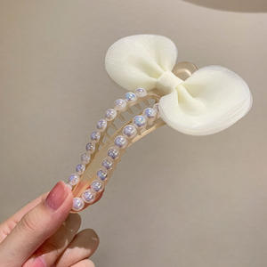 กิ๊บติดผมสาวหวานประดับมุกตาข่าย โบว์ใหญ่รูปทรงไม่สมมาตร กิ๊บติดผมพลาสติกน่ารัก - Product Image 5