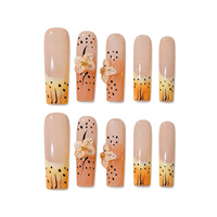 Kit d'ongles carrés faits main pour l'été, 10 pièces, motifs léopard, tigre, rayures et perles dorées, différentes longueurs