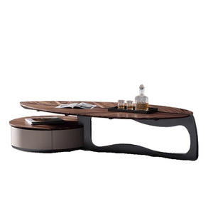 Luxury Coffee Table Designer Style Walnut Wood Irregular Shape With Drawers For Living Room Home Use - Product Image 5