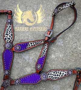 Nouvel ensemble complet d'équipement d'équitation anglais saisonnier en cuir naturel souple et léger, avec peitorale motif guépard violet et logo personnalisé - Product Image 2