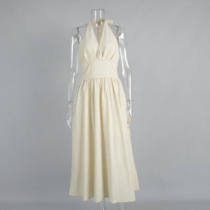 Vestido Midi Casual de Verano para Mujer, de Algodón, Color Sólido, Dulce y Elegante, Sin Mangas, Cuello en V, Espalda Descubierta, Cintura Alta - Product Image 6