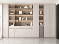 Système de rangement complet sur mesure pour toute la maison avec portes en bois clair et verre, tiroirs ouverts et système de suspension, avec tapis gris et verdure