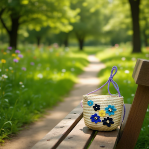 Borsa in paglia intrecciata a mano con fiori, 12x14 cm, mini borsa a tracolla da donna - Product Image 2