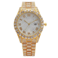 Reloj de Cuarzo para Hombre Estilo Hip Hop con Incrustaciones de Diamantes, Esfera Brillante, Calendario Romano, Diseño Redondo con Diamantes, Reloj de Moda Urbana
