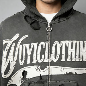 Sudadera con capucha vintage desgastada para hombre, con cremallera, con pedrería de diamante, estilo retro, streetwear, personalizada, de peso pesado, venta al por mayor - Product Image 2