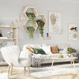 Solid Wood Wall <b>Shelf</b> Hexagon Shape Durable Storage <b>Rack</b> For Home Living Room Mounted Organizer - Product Image 2