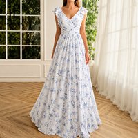 Robe longue d'été personnalisée bleue à motif floral, col en V, manches volantées, coupe trapèze, pour femme, invitée de mariage, marque privée OEM